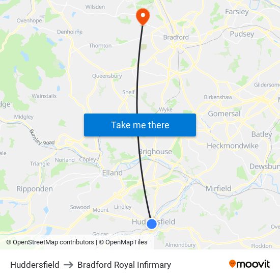 Huddersfield to Bradford Royal Infirmary map