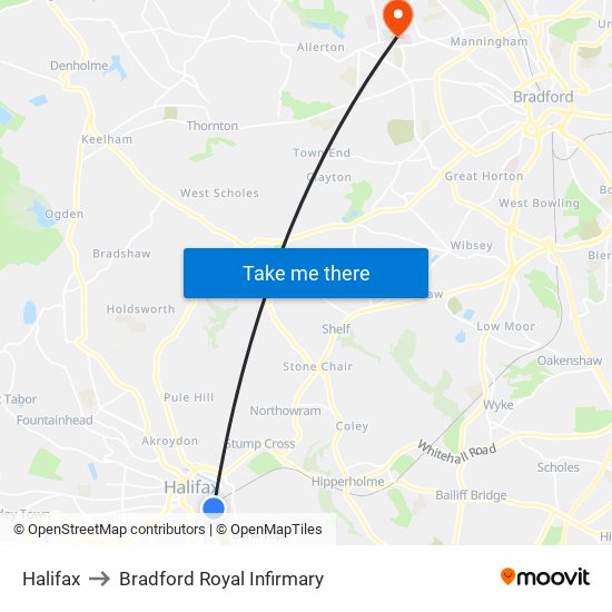 Halifax to Bradford Royal Infirmary map