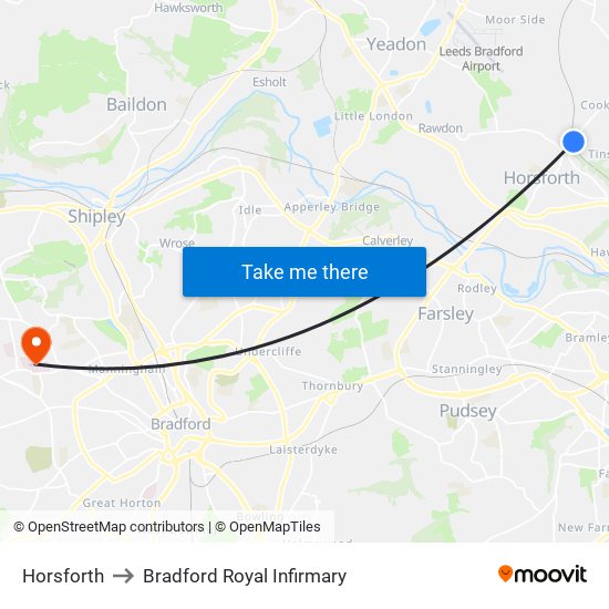 Horsforth to Bradford Royal Infirmary map