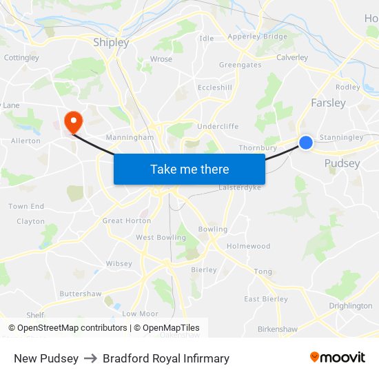 New Pudsey to Bradford Royal Infirmary map