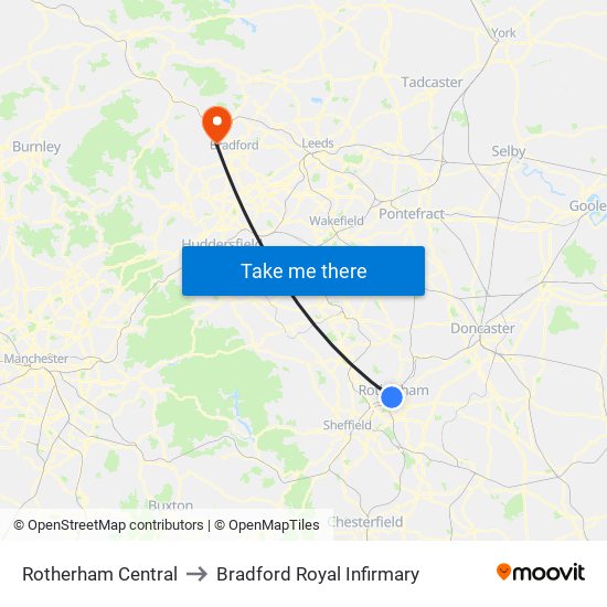 Rotherham Central to Bradford Royal Infirmary map