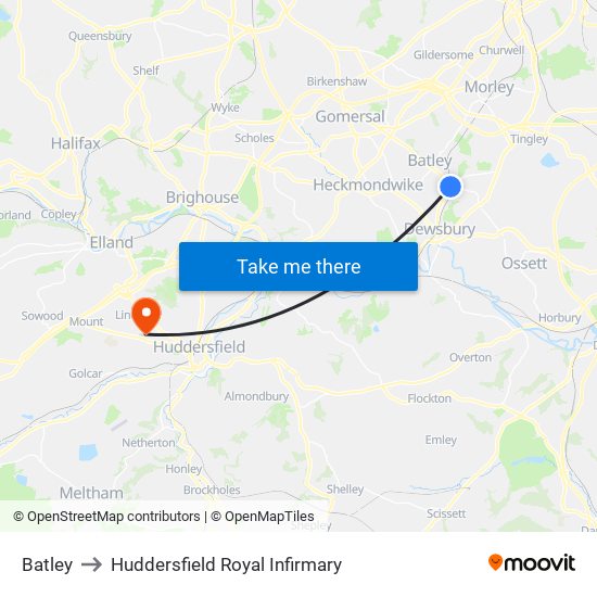 Batley to Huddersfield Royal Infirmary map