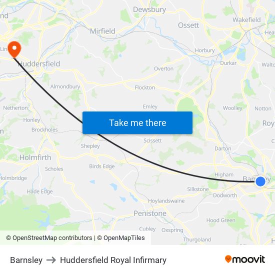 Barnsley to Huddersfield Royal Infirmary map