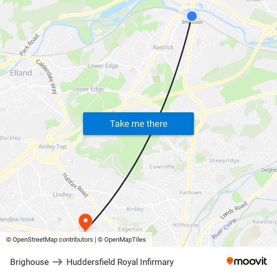 Brighouse to Huddersfield Royal Infirmary map