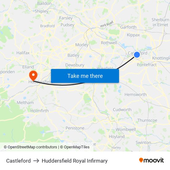 Castleford to Huddersfield Royal Infirmary map