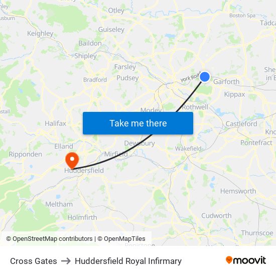 Cross Gates to Huddersfield Royal Infirmary map