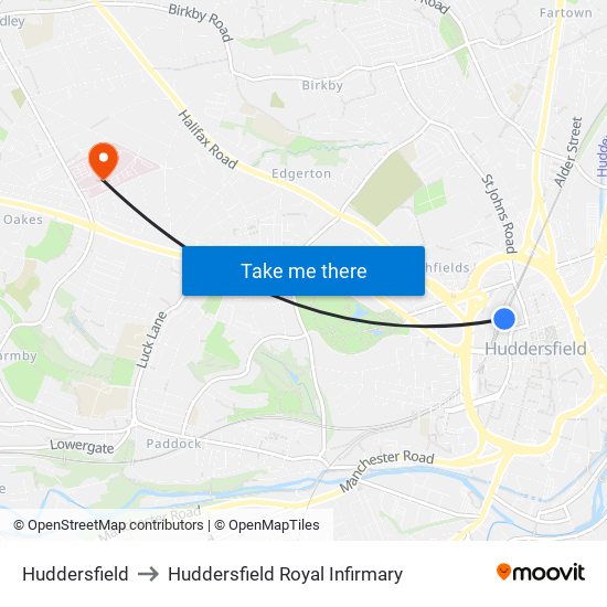 Huddersfield to Huddersfield Royal Infirmary map