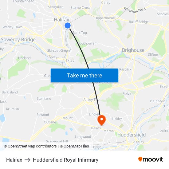 Halifax to Huddersfield Royal Infirmary map
