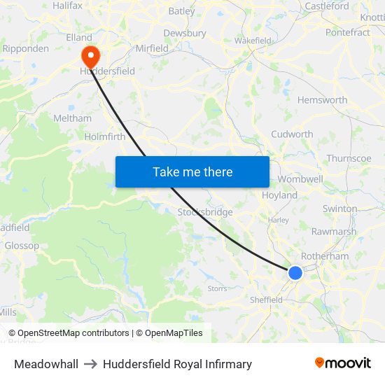 Meadowhall to Huddersfield Royal Infirmary map