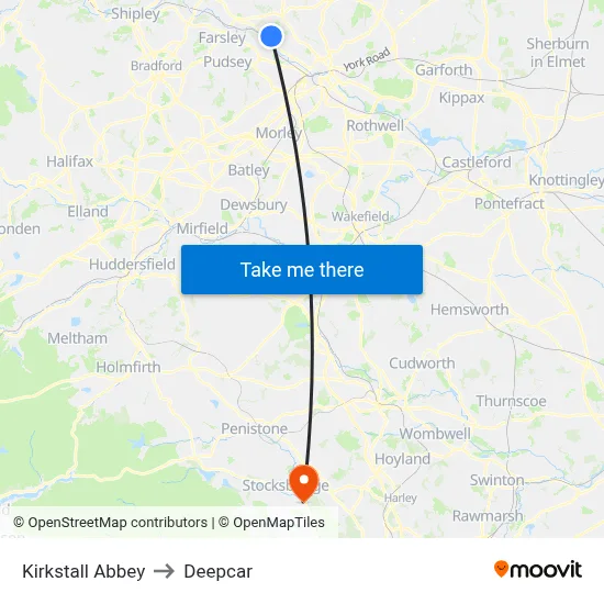Kirkstall Abbey to Deepcar map