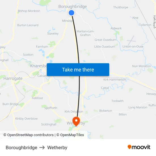 Boroughbridge to Wetherby map