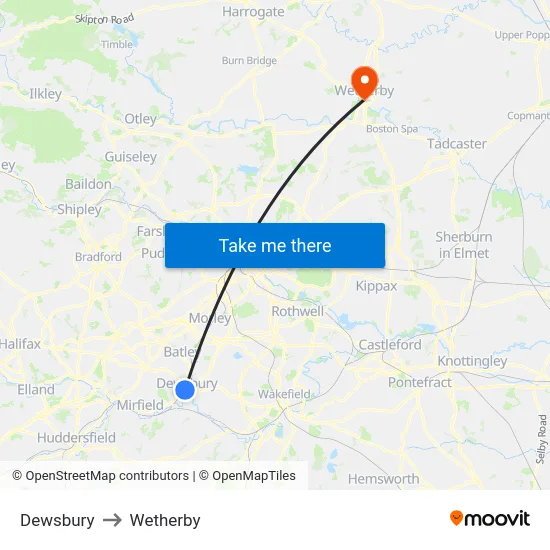 Dewsbury to Wetherby map