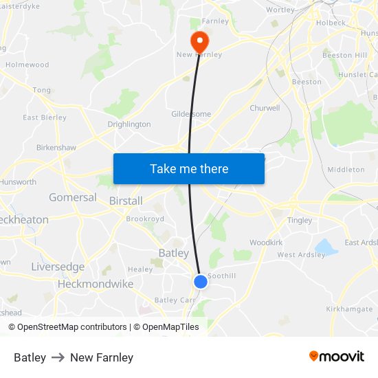 Batley to New Farnley map