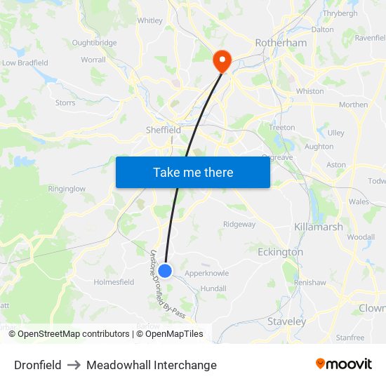 Dronfield to Meadowhall Interchange map