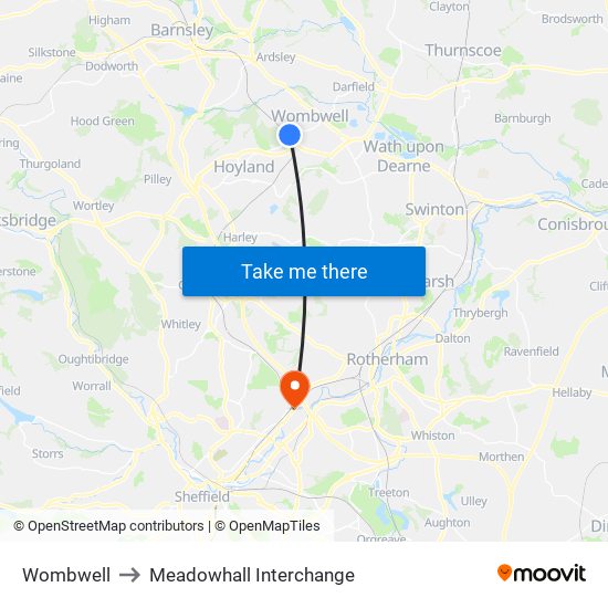 Wombwell to Meadowhall Interchange map