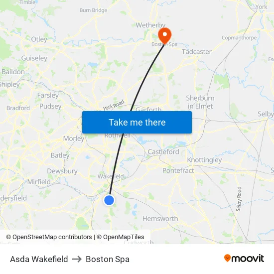 Asda Wakefield to Boston Spa map