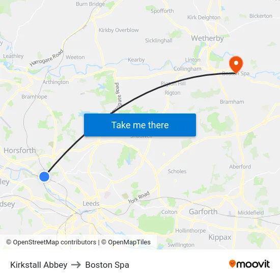 Kirkstall Abbey to Boston Spa map
