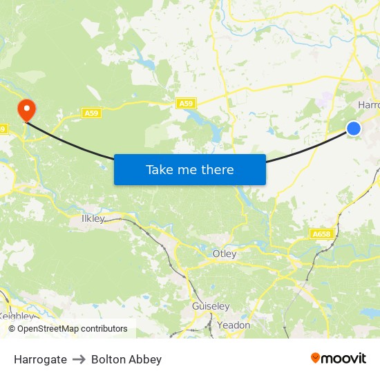 Harrogate to Bolton Abbey map