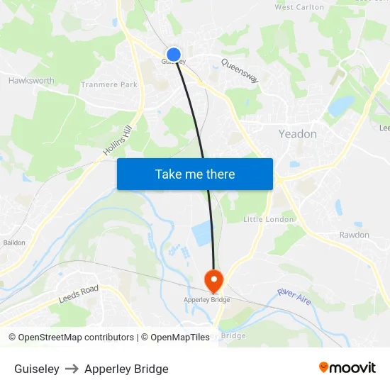 Guiseley to Apperley Bridge map