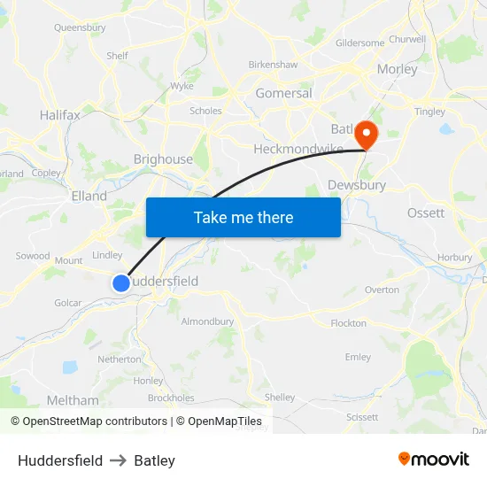 Huddersfield to Batley map