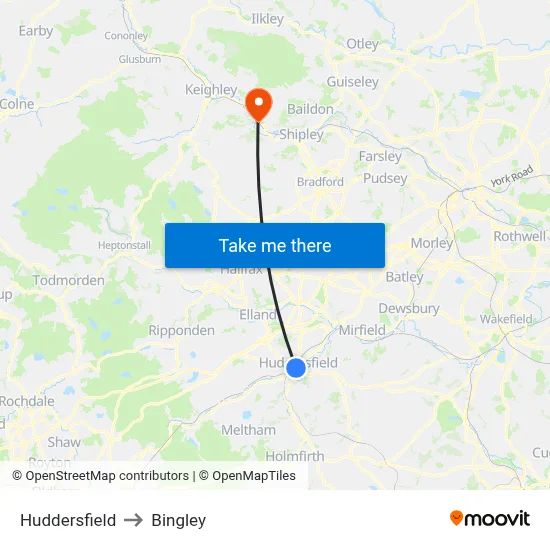 Huddersfield to Bingley map