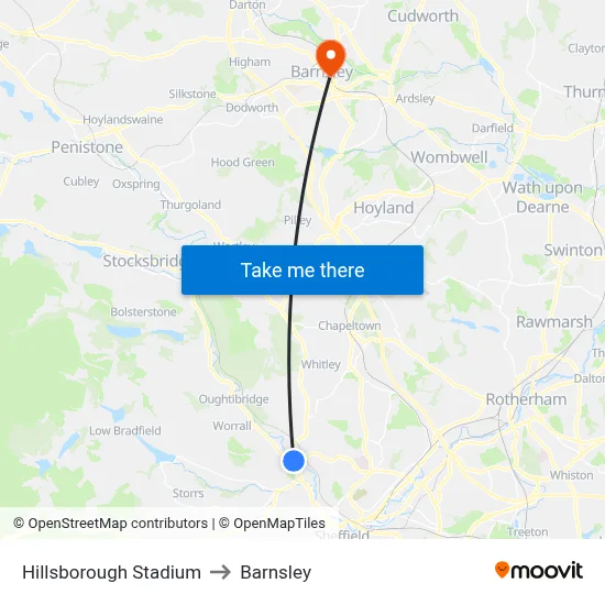 Hillsborough Stadium to Barnsley map