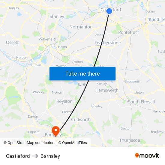 Castleford to Barnsley map