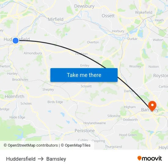Huddersfield to Barnsley map