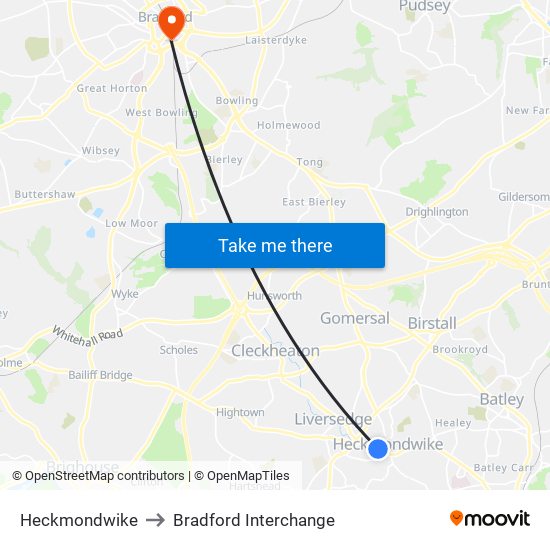 Heckmondwike to Bradford Interchange map