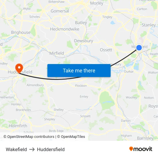 Wakefield to Huddersfield map