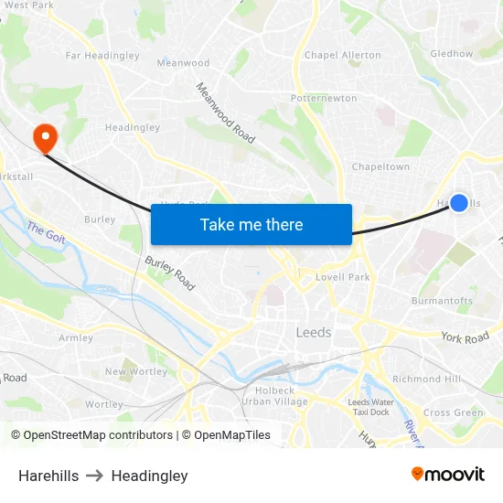 Harehills to Headingley map