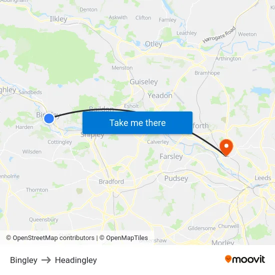 Bingley to Headingley map