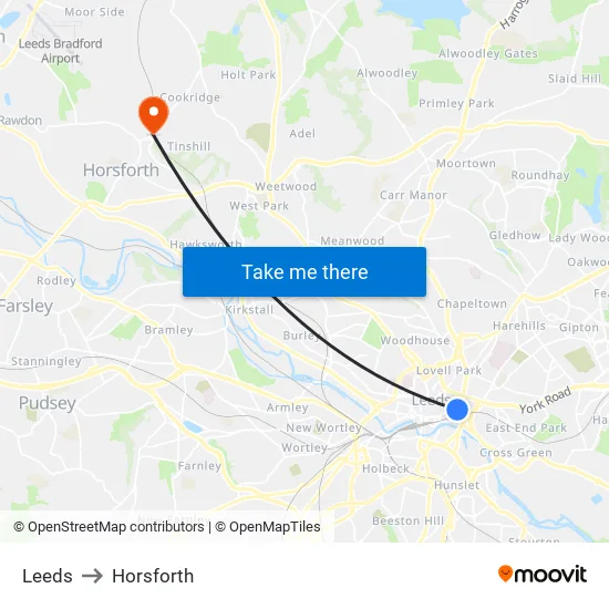 Leeds to Horsforth map