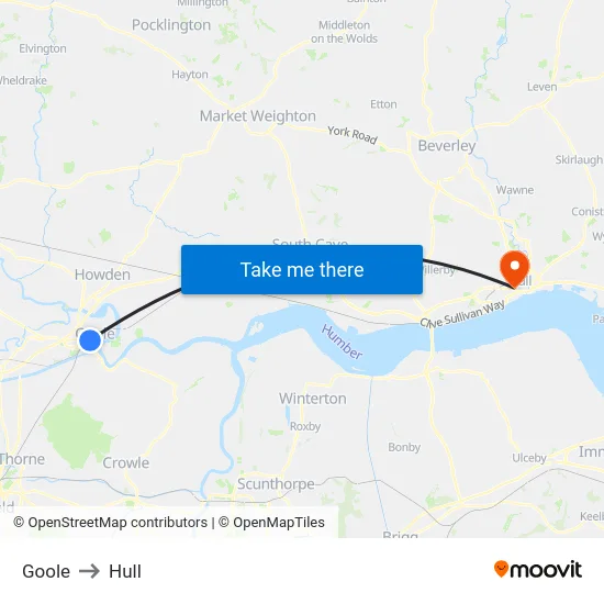 Goole to Hull map