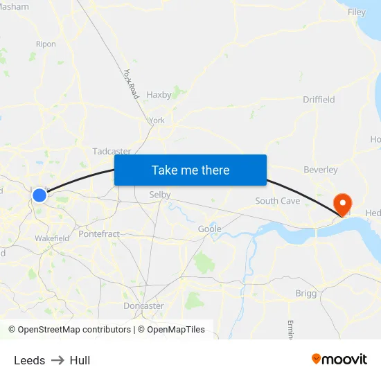 Leeds to Hull map