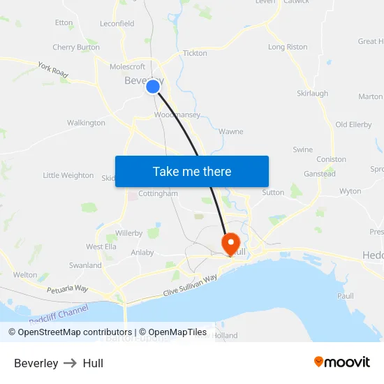 Beverley to Hull map