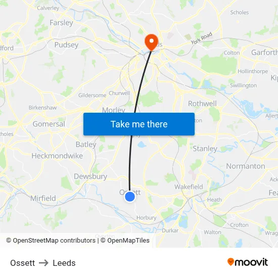 Ossett to Leeds map