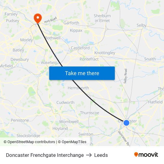 Doncaster Frenchgate Interchange to Leeds map