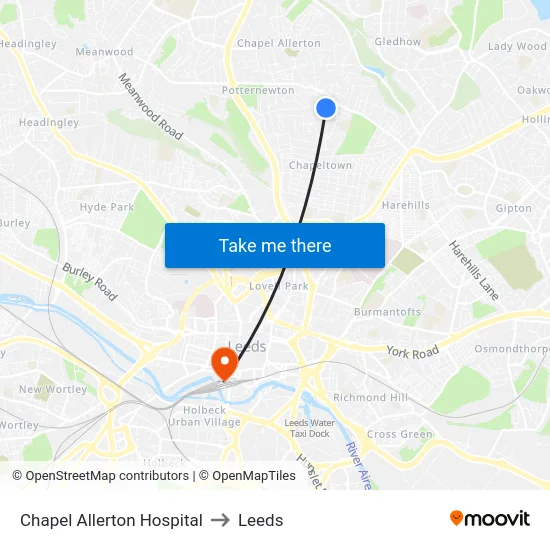 Chapel Allerton Hospital to Leeds map