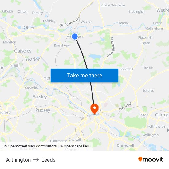 Arthington to Leeds map