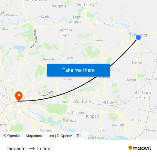 Tadcaster to Leeds map
