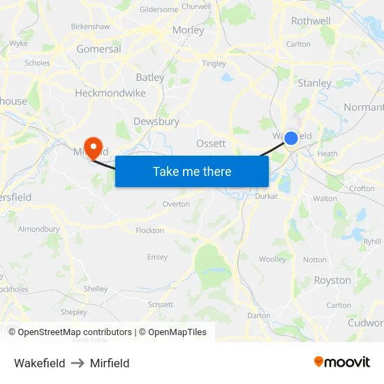 Wakefield to Mirfield map