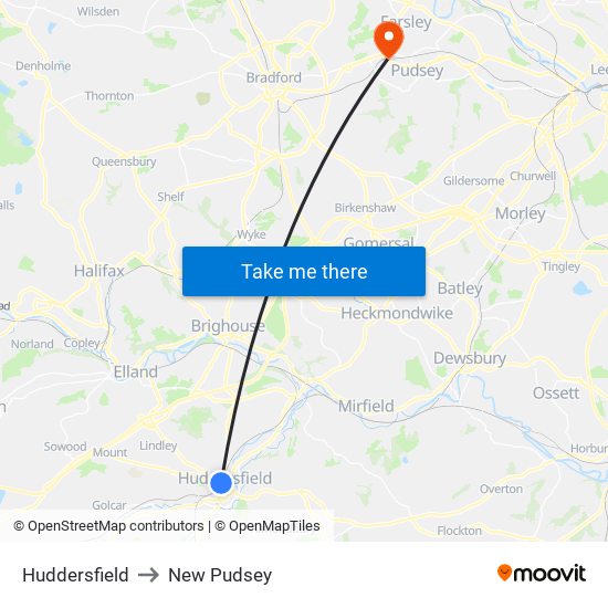 Huddersfield to New Pudsey map