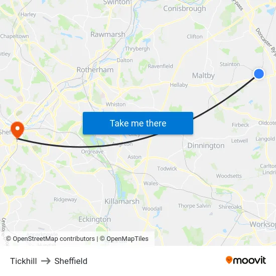 Tickhill to Sheffield map
