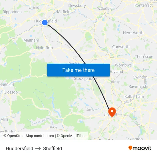 Huddersfield to Sheffield map