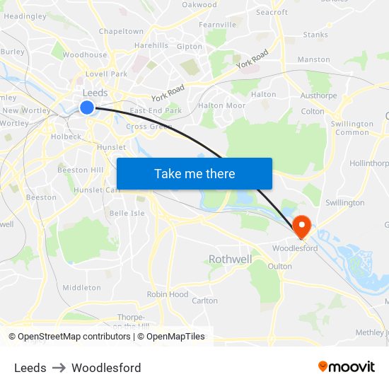 Leeds to Woodlesford map