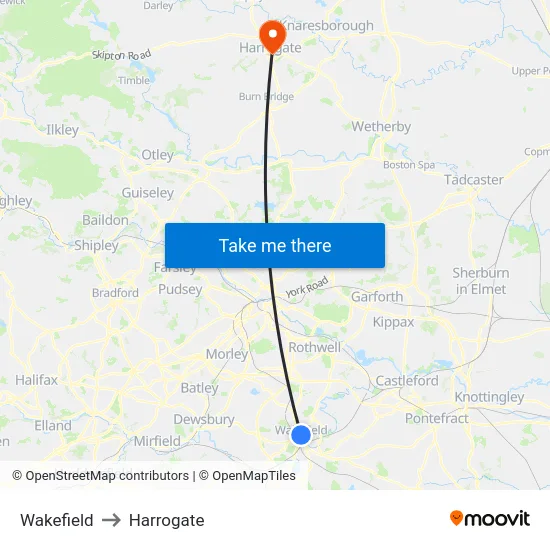Wakefield to Harrogate map
