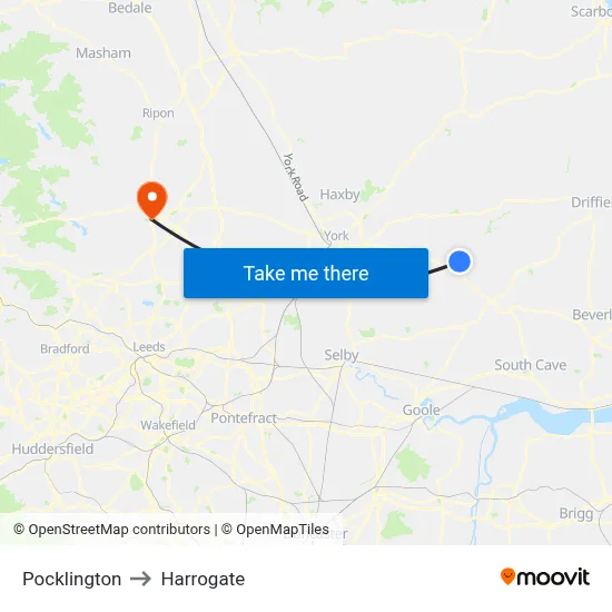 Pocklington to Harrogate map