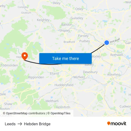 Leeds to Hebden Bridge map