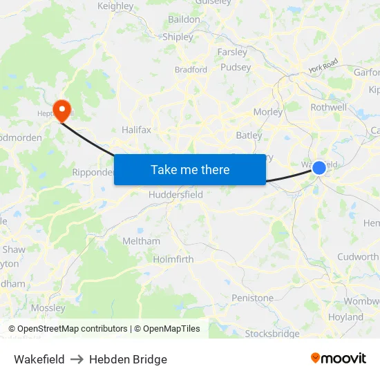Wakefield to Hebden Bridge map